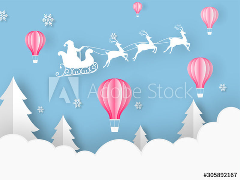 剪纸风格的热气球-圣诞树-雪花和剪影圣诞老人骑着驯鹿雪橇在云蓝色的背景下庆祝圣诞快乐