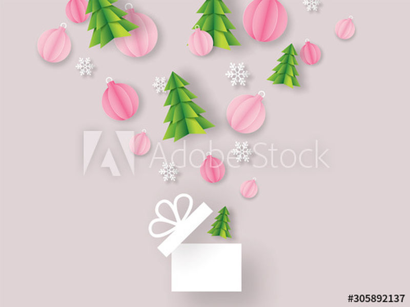圣诞树的折纸剪纸-粉色背景的惊喜礼品盒中飘出圣诞饰品和雪花-用于设计圣诞快乐庆祝贺卡