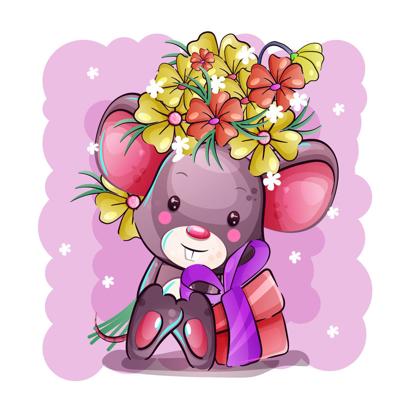 可爱的卡通小老鼠带花和礼品盒