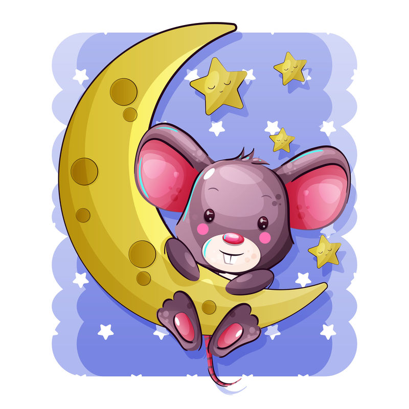 可爱的卡通小老鼠挂在月亮上
