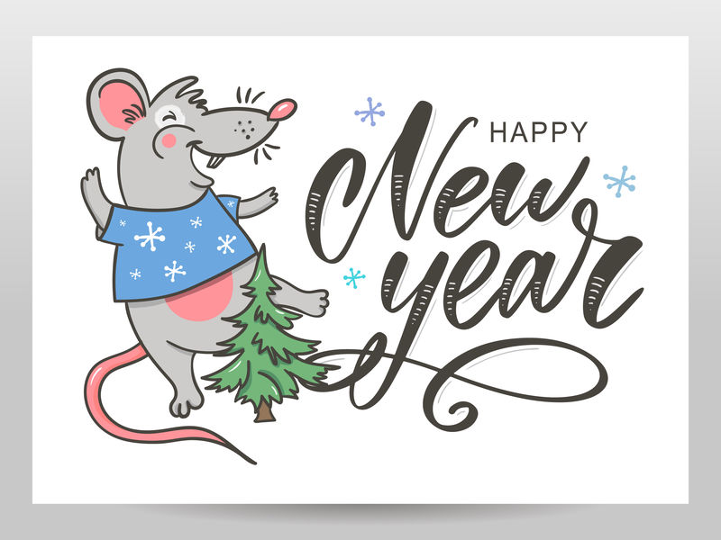 模板图片鼠新年快乐派对-白色背景2020新年-有趣的草图鼠标矢量插图