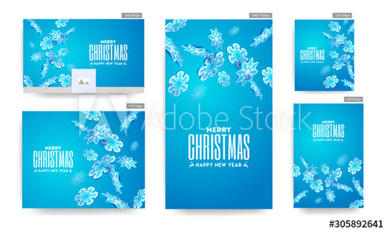 圣诞快乐&新年快乐海报和模板-蓝色背景上装饰有3d纸雪花