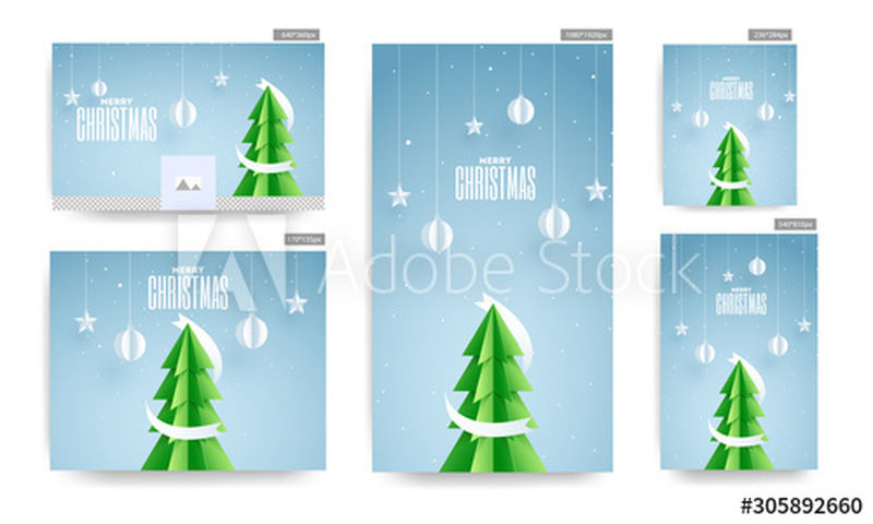 社交媒体海报和模板设计-包括剪纸圣诞树、悬挂装饰在蓝色背景上的饰品和星星-以庆祝圣诞快乐