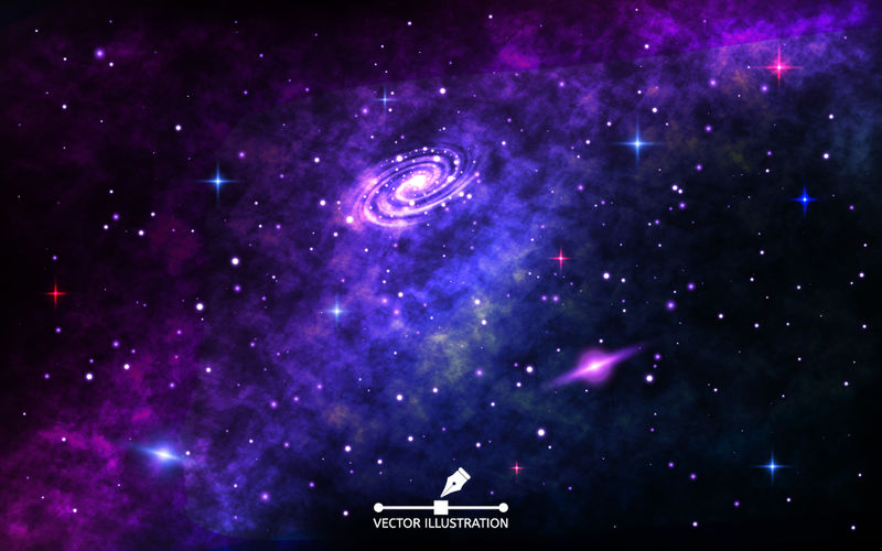 空间背景-有星云的宇宙背景-外太空有明亮的旋涡星系、星尘和闪亮的恒星-银河系的真实宇宙-小册子和海报的矢量插图