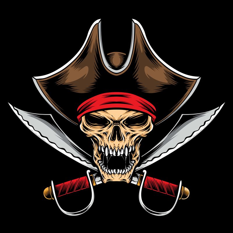 戴着海盗船长帽和眼罩的海盗头骨的插图