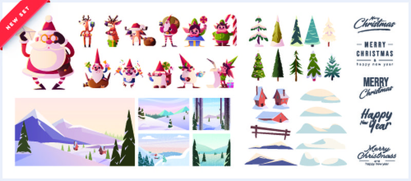 制作明信片或海报的圣诞工具包-包括白雪覆盖的房子-圣诞老人-雪人-圣诞树-各种雪堆-标题和背景文字