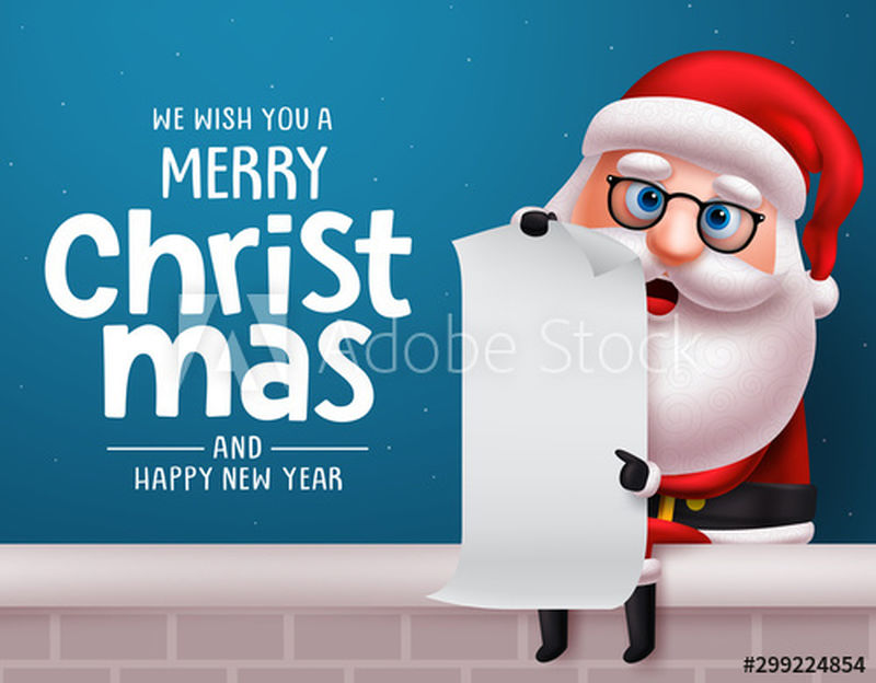 圣诞老人矢量人物设计背景-圣诞老人坐着-手里拿着白色的空圣诞愿望单-蓝色背景上写着圣诞祝福语