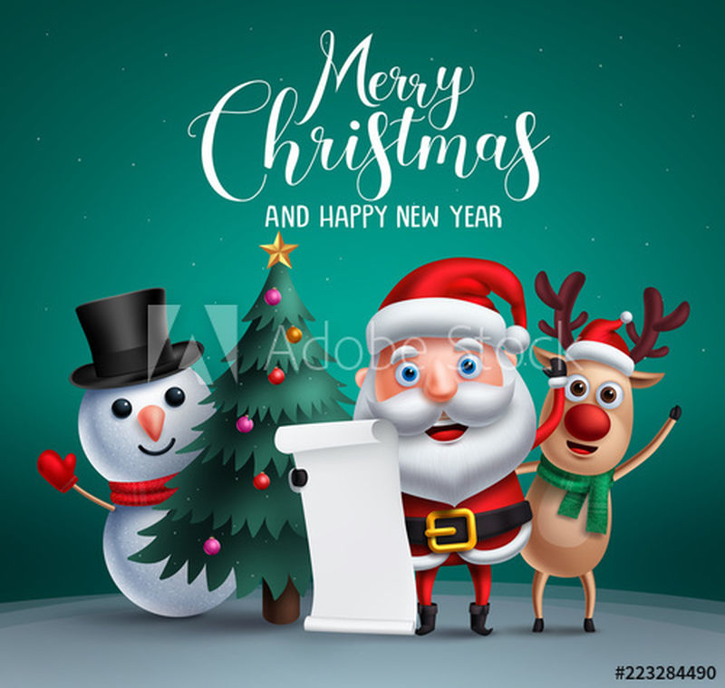 圣诞老人圣诞字符矢量贺卡概念-圣诞祝福短信-圣诞老人-雪人和驯鹿站在蓝色背景下交谈-矢量图解