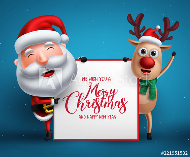 祝圣诞快乐-新年快乐-红色海报设计-红色背景上有圣诞老人和鹿的创意题词-可用于贺卡、海报、横幅