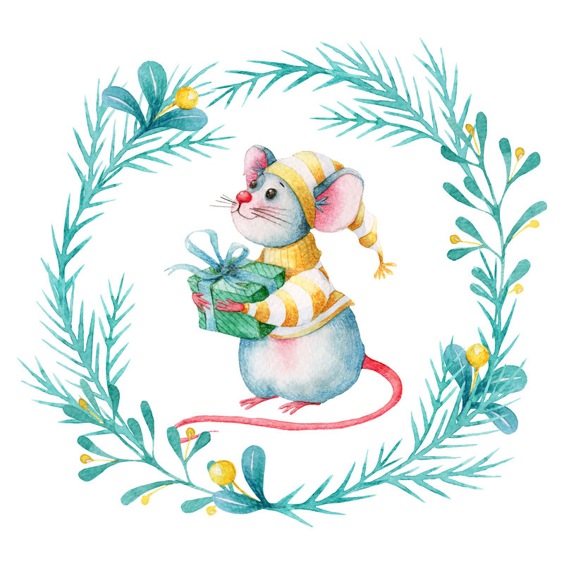手绘水彩画节日装饰可爱的圣诞老鼠