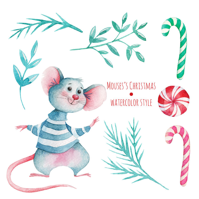 手绘水彩画节日装饰可爱的圣诞老鼠