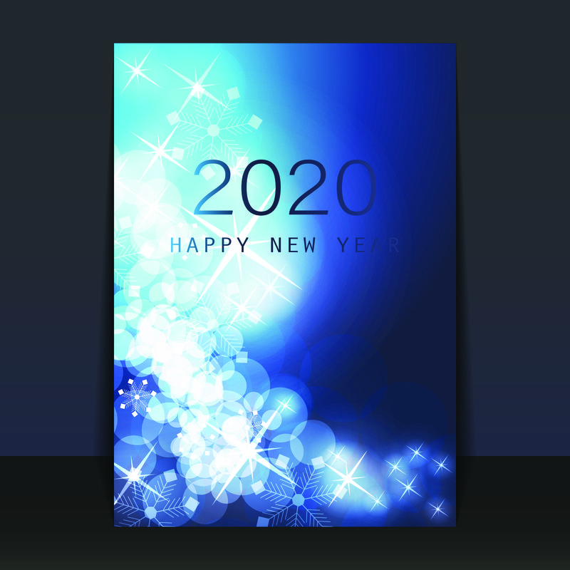 冰凉的蓝紫色图案闪烁的新年贺卡、传单或封面设计-2020