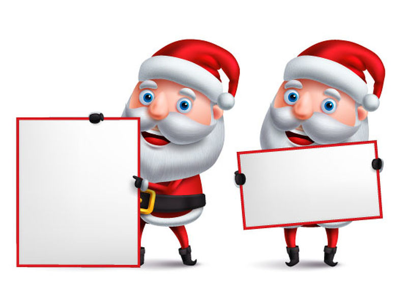 矢量插图一组圣诞老人手持空白标语牌-在白色背景上独立的平面卡通风格的复制空间-圣诞节和新年的节日问候和促销布局