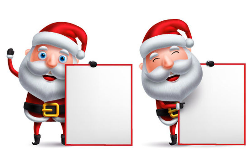 矢量插图一组圣诞老人手持空白标语牌-在白色背景上独立的平面卡通风格的复制空间-圣诞节和新年的节日问候和促销布局