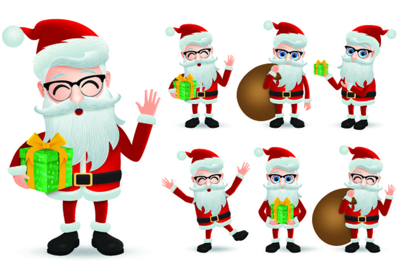圣诞老人矢量字符集-圣诞老人拿着礼物和圣诞礼物-站着笑着-用不同的姿势和姿势-在白色背景下隔离开来