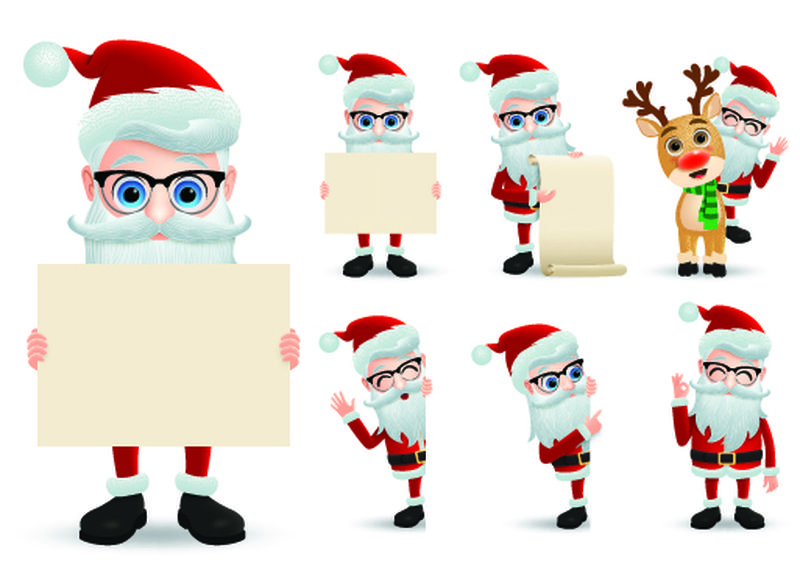 圣诞老人矢量字符集-圣诞老人手中拿着圣诞愿望单-展示着空白板或纸面信笺-脸上洋溢着幸福的表情-姿态各异-与世隔绝