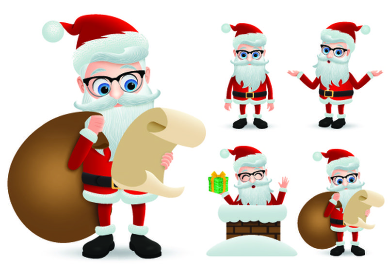 圣诞老人圣诞角色集-圣诞老人在背着一袋或一袋圣诞礼物的同时手持并阅读心愿单的矢量字符-在白色背景中分离出快乐的表情