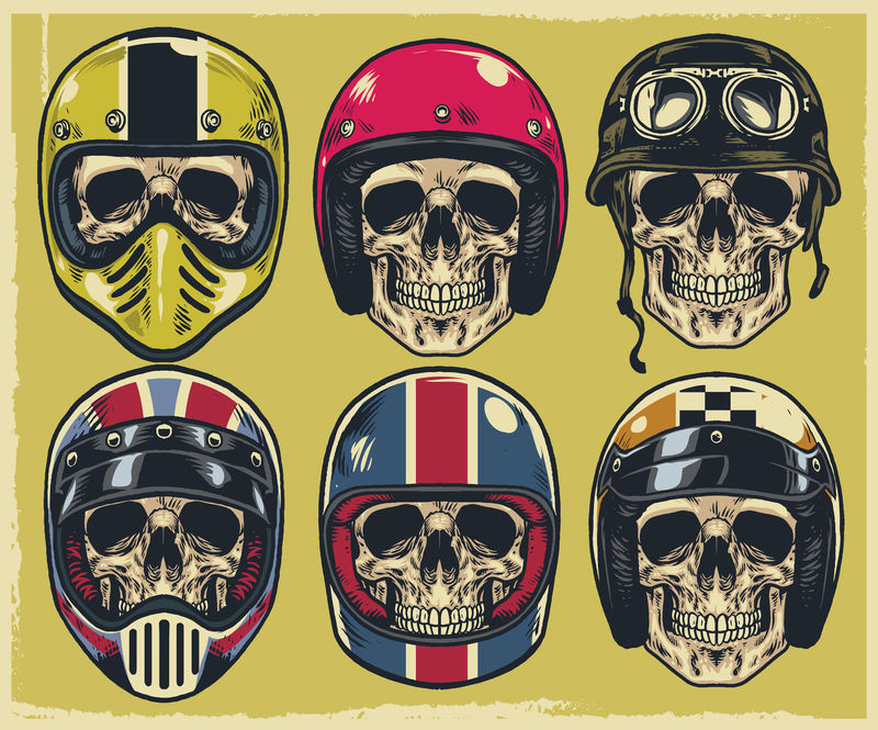 一套戴各种摩托车头盔的手绘头骨