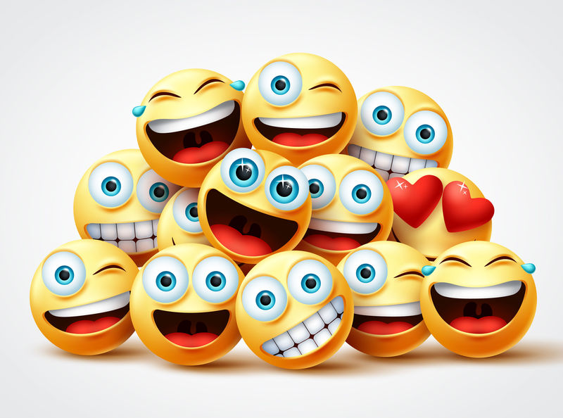 表情人脸组矢量设计-表情黄圈脸组-白色背景下有可爱、欢笑、搞笑、惊喜和快乐的情绪-矢量图解
