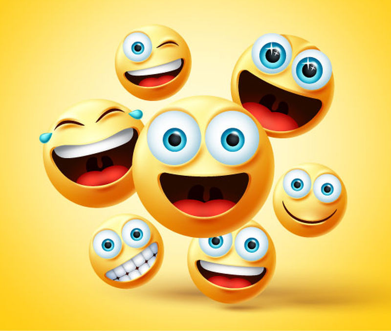 表情符号与表情符号群向量设计-表情符号可爱的脸在快乐、欢笑、微笑、搞笑、调皮的表情中-头在黄色背景下跳跃-矢量图解