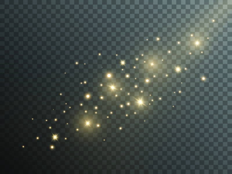 白色的火花和金色的星星闪烁着特殊的灯光效果-矢量在透明背景上闪烁-圣诞节抽象图案-闪光的魔法尘粒