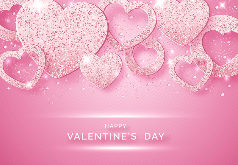 情人节的水平背景与闪亮的粉红色的心，球和五彩纸屑。粉红色背景的假日卡片插图。闪闪发光的心形