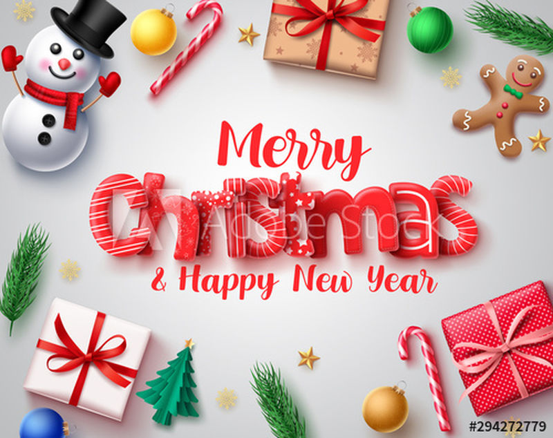圣诞节矢量设计概念-圣诞快乐节日贺卡与三维圣诞元素雪人-姜饼-礼物-糖果手杖-球和松叶在白色背景-矢量