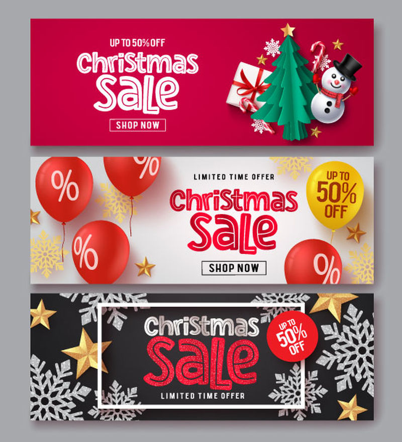 圣诞销售矢量横幅集-圣诞促销短信-圣诞礼物-雪人-树-糖果手杖-气球-雪花和星星的红色-白色和黑色背景的节日