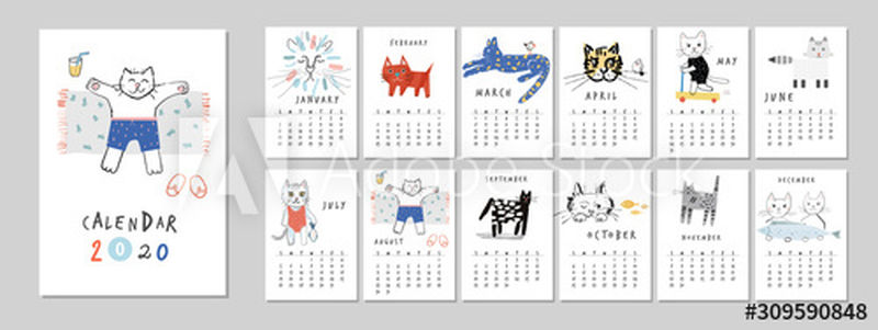 日历2020与有趣和可爱的猫-可打印创意模板