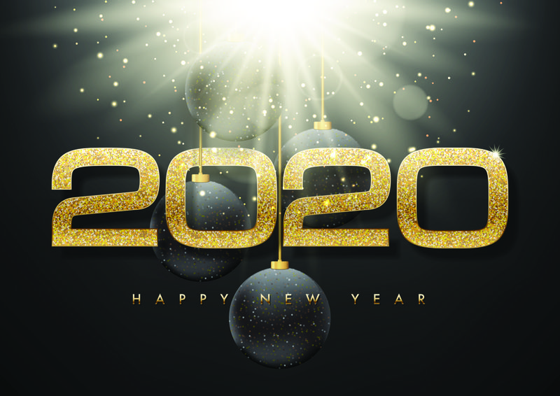 2020年新年快乐矢量贺卡和海报设计-金色丝带和星星