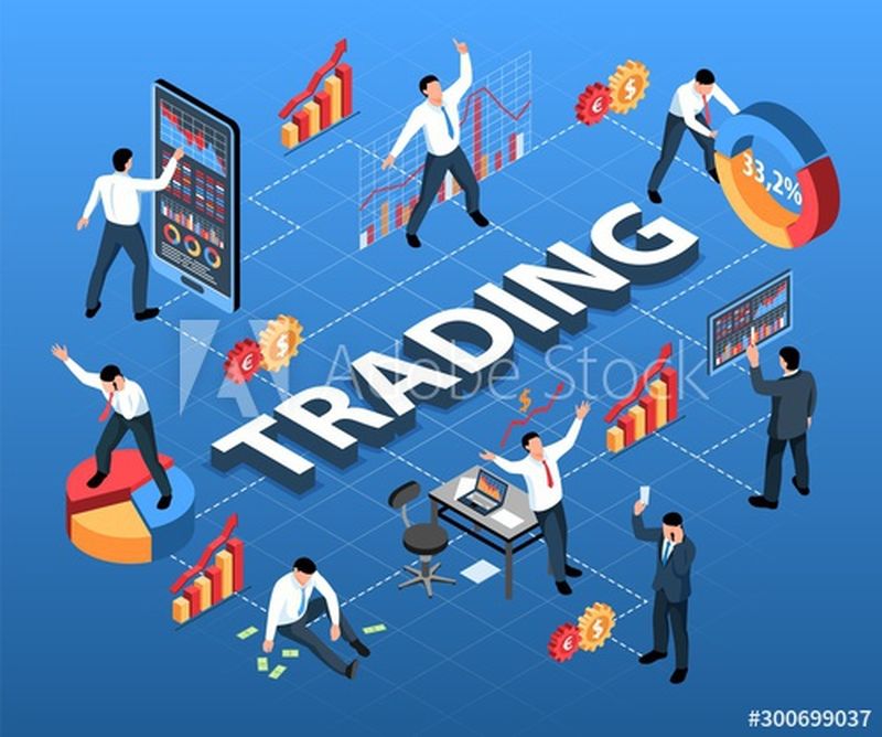 等距的股票市场交易流程图-包括信息图标和标志、人字和文本矢量图