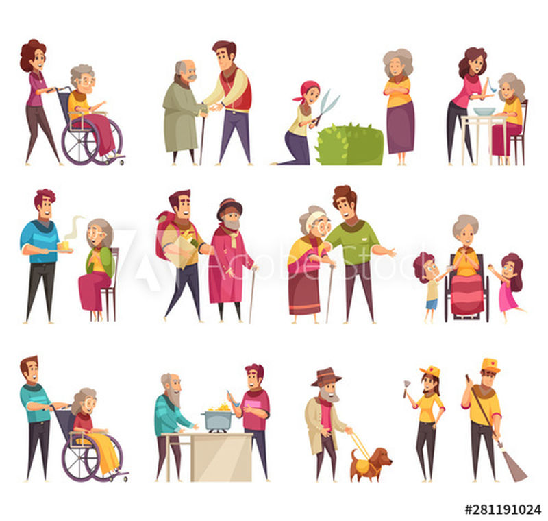 老年人专业社会救助服务人员志愿者家庭支持平面卡通元素集孤立矢量插图