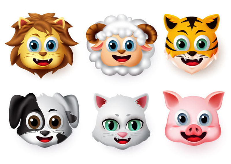 表情符号和表情符号动物快乐脸向量集-狮、羊、虎、狗、猫、猪等动物的表情表情在白色背景中孤立出来-矢量图解