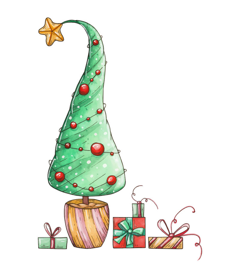 水彩画卡片与新年树和礼物。圣诞幻象