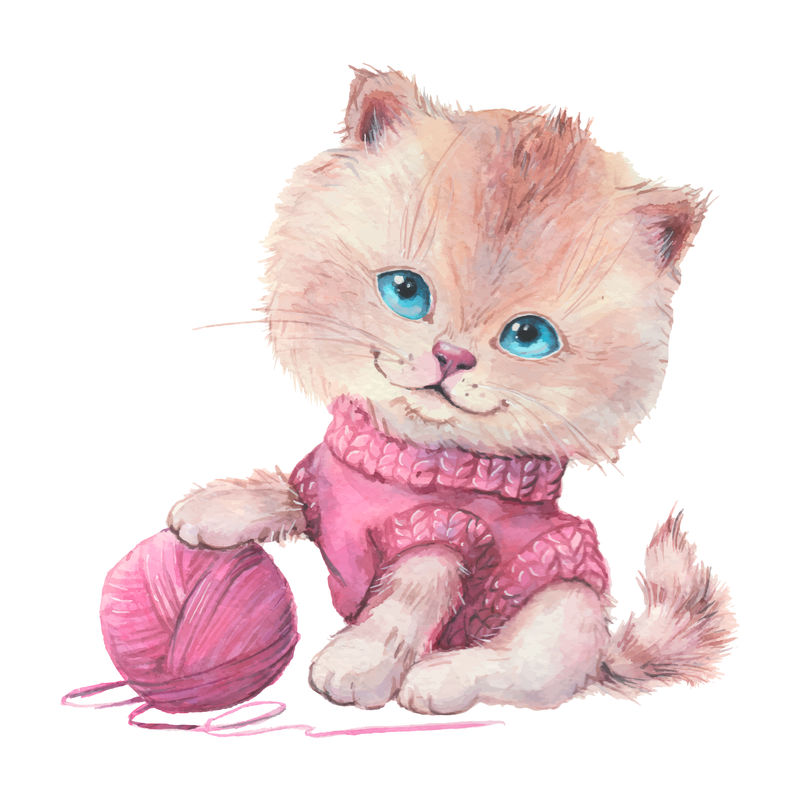 水彩画可爱的卡通猫在一件毛线球毛衣。矢量图示