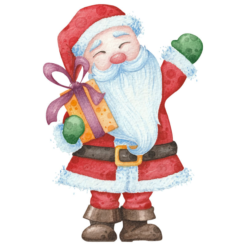 可爱的圣诞老人和礼物。克里斯玛水彩插图