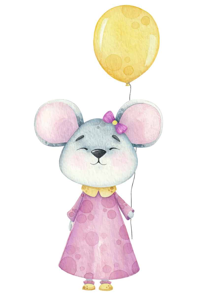一只带生日气球的水彩画小老鼠。新年特写