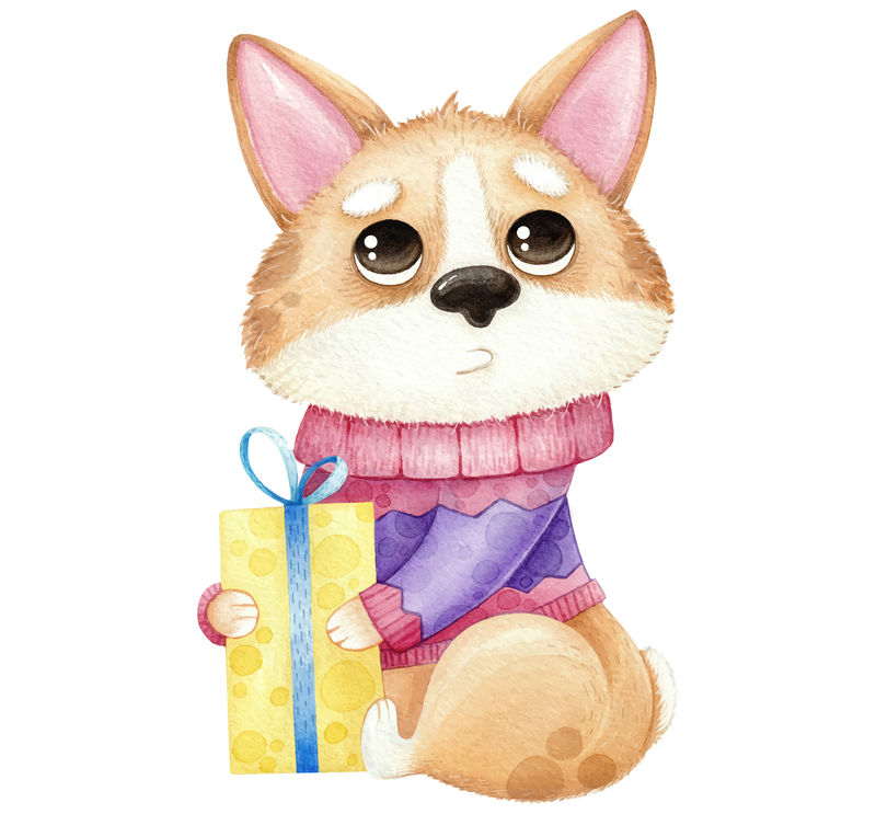 水彩画可爱的狗狗科吉与礼物单独说明在whi