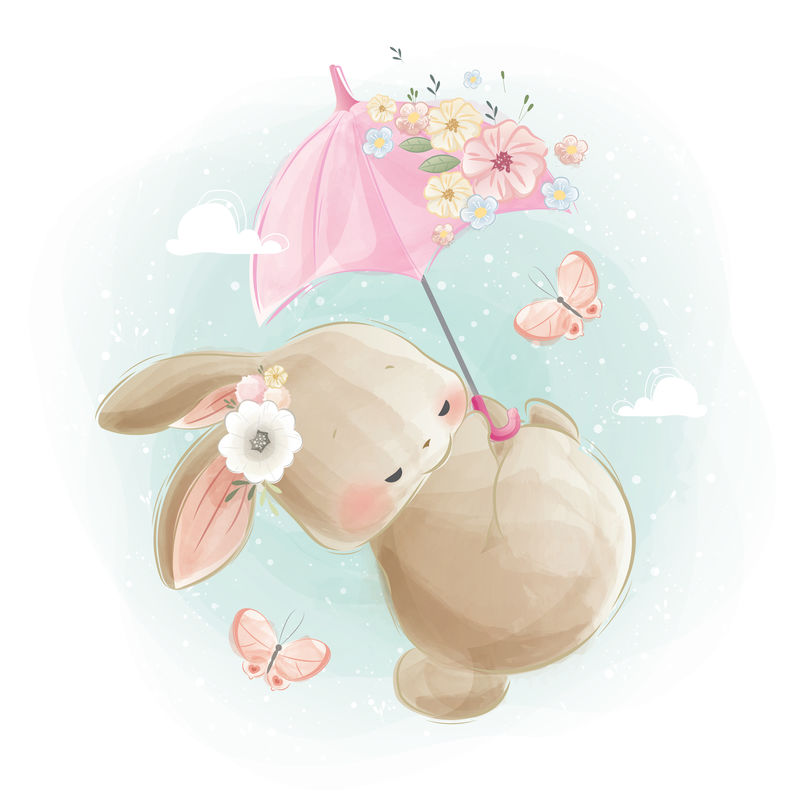 可爱的小兔子带着伞飞