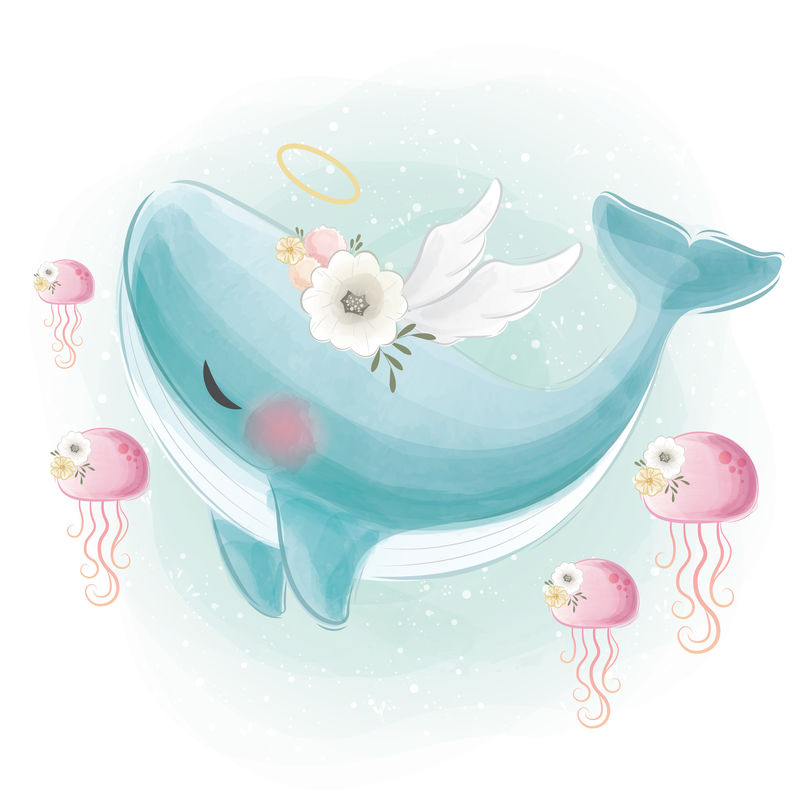可爱的蓝鲸和水母一起游泳