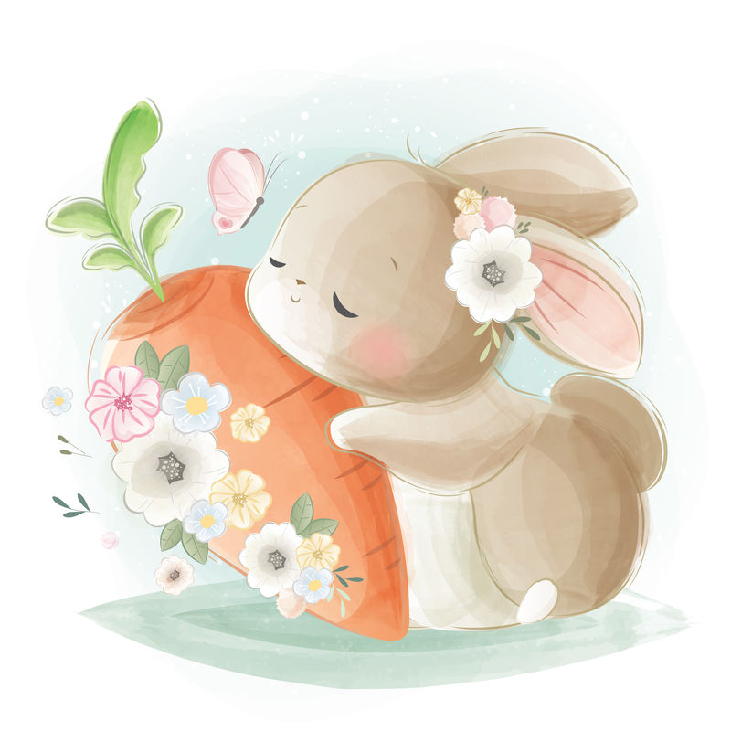 可爱的兔子抱着一个大胡萝卜
