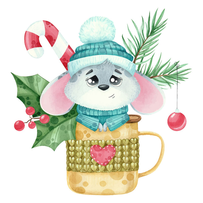 水彩可爱的新年老鼠在一个有云杉枝的杯子里。
