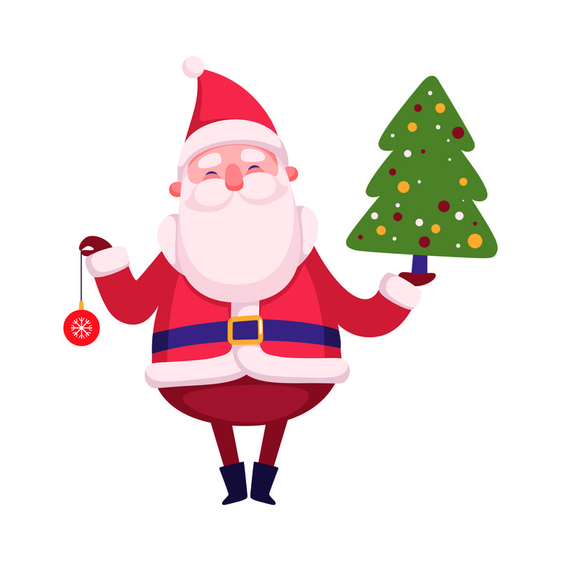 可爱的圣诞老人拿着一棵白色背景的扁平圣诞树-矢量图示