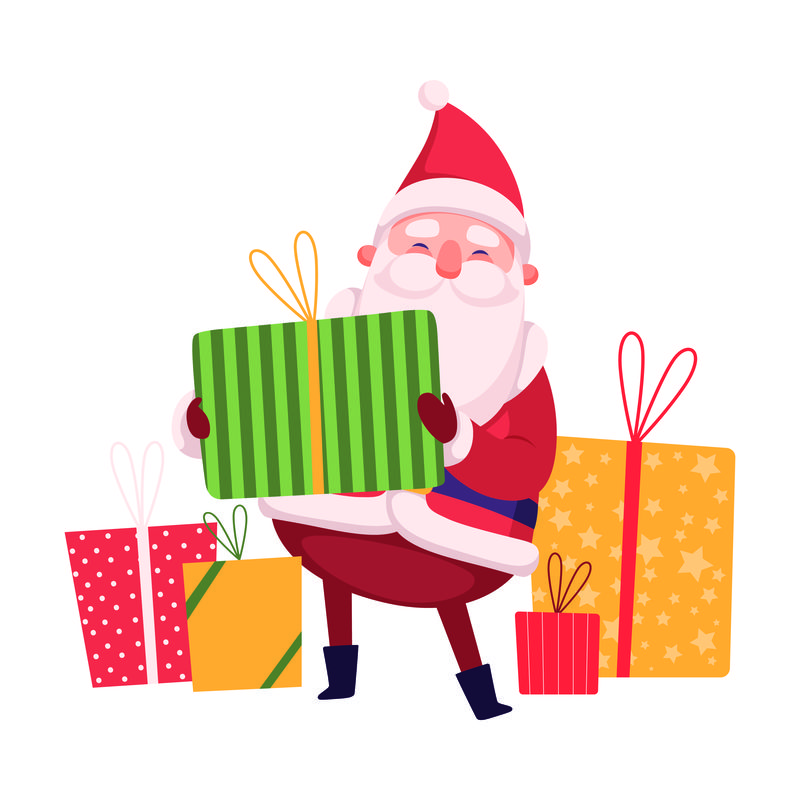 坐在五颜六色的礼物中间的圣诞老人-一幅老胡子坐在扶手椅上笑呵呵-拿着红丝带和蝴蝶结的黄色礼物的光栅插图-准备过圣诞节
