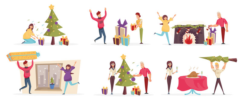 欢乐的人们庆祝圣诞节卡通人物集。兴奋的男女准备节日平面矢量插图包。装饰圣诞树和分享礼物的幸福夫妻