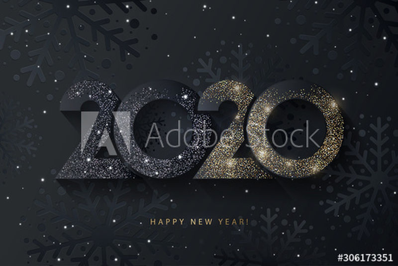 2020年新年快乐黑色背景上的数字图案闪闪发光-有黑色雪花和闪亮的降雪-时尚现代冬季横幅、海报或贺卡模板
