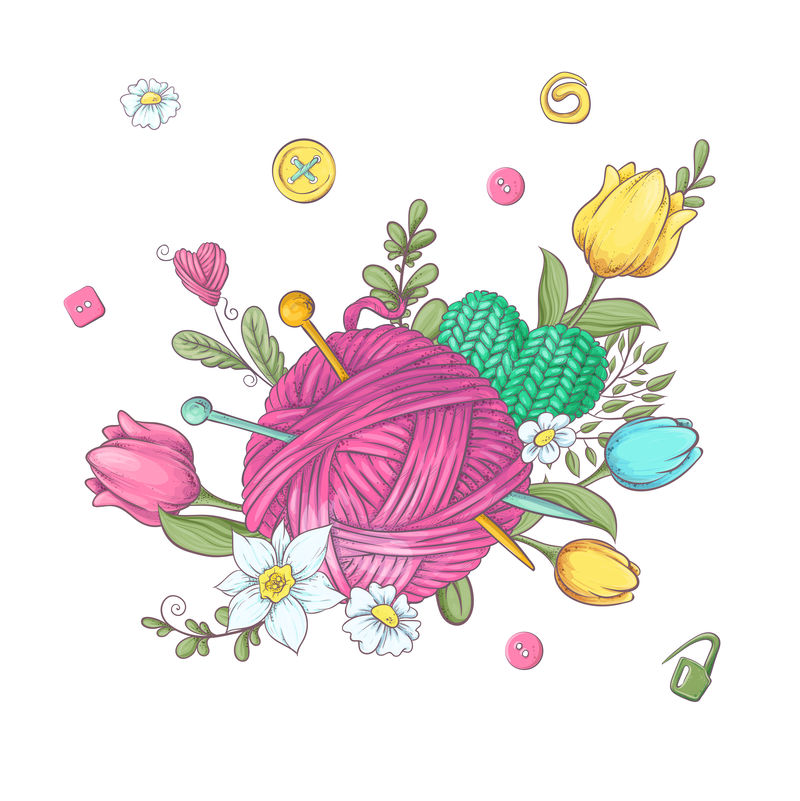 卡通花环的编织元素和配件和春天的花朵。手绘。矢量图示