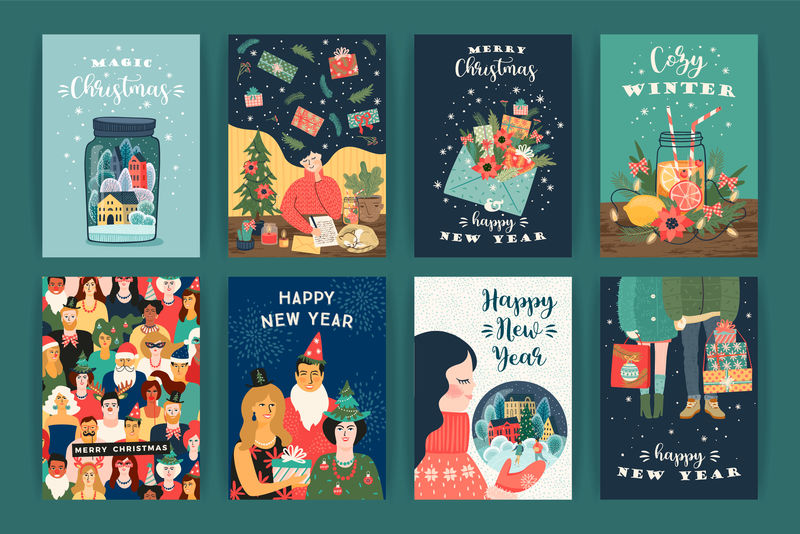 一套圣诞和新年快乐的插图。矢量设计模板。