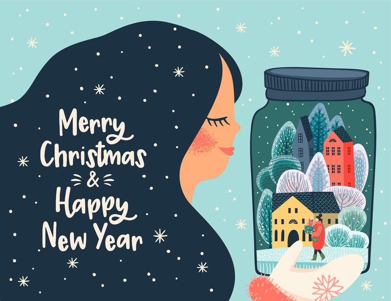 圣诞节和新年快乐插图与可爱的女人。