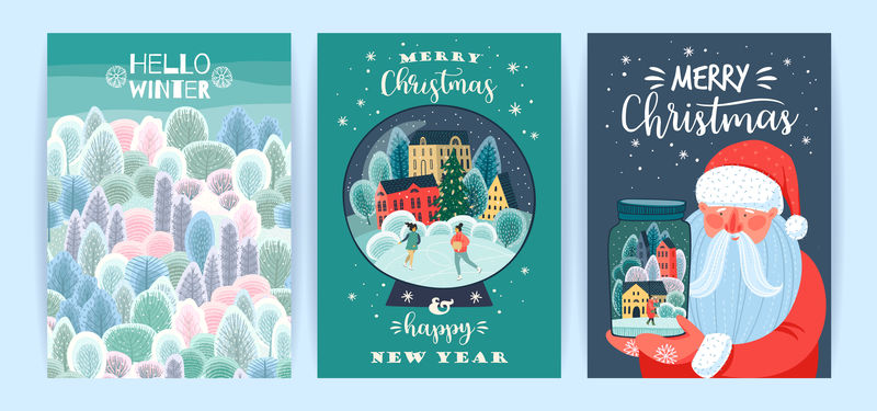 一套圣诞和新年快乐的插图。矢量设计模板。